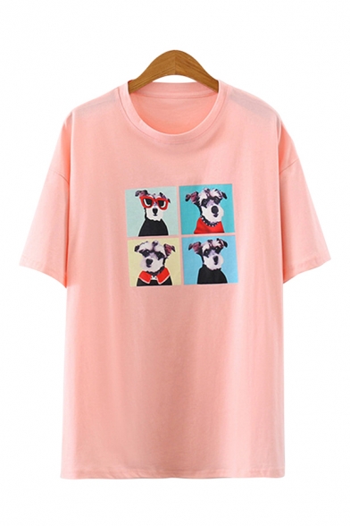 Cartoon Dog Printed Half Sleeves Round Neck Loose Fit Popular Tee Top for Girls