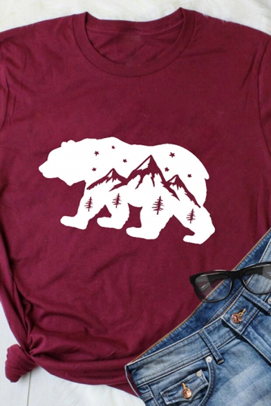 Casual Bear Mountain Pattern Short Sleeve Crew-neck Slim Fitted T-shirt for Women