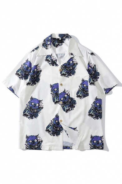 Cool Mens Allover Devil Printed Short Sleeve Lapel Neck Button down Loose Fit Shirt Top