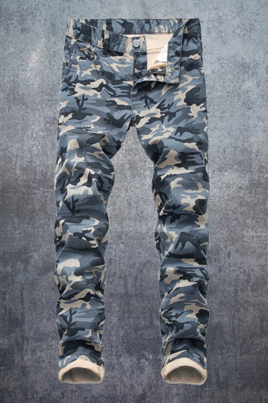 Cool Mens Camo Pattern Zipper Pocket Mid Rise Slim Fitted Full Length Jeans