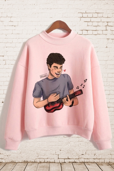 Cute Girls Pink Cartoon Boy Printed Long Sleeve Mock Neck Relaxed Pullover Sweatshirt
