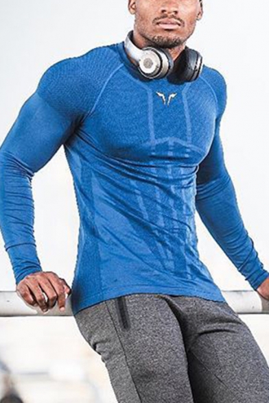 Gym Quick-dry Long Sleeve Crew Neck Logo Print Slim Fit T-shirt for Guys