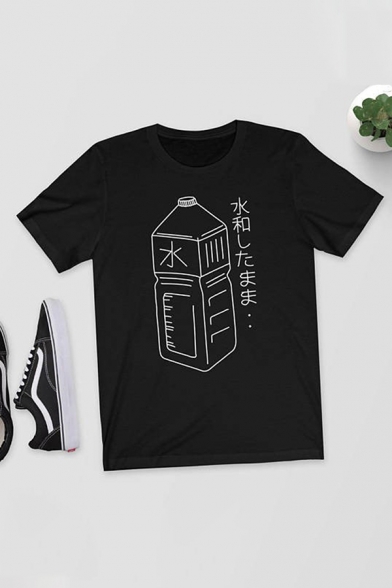 Japanese Letter Bottle Graphic Short Sleeve Crew Neck Relaxed Fit Cool T Shirt in Black