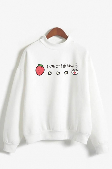 Japanese Letter Strawberry Graphic Long Sleeve Mock Neck Relaxed Fashion Pullover Sweatshirt