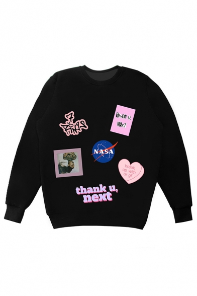 Korean Girls Letter Nasa Graphic Long Sleeve Crew Neck Loose Pullover Sweatshirt