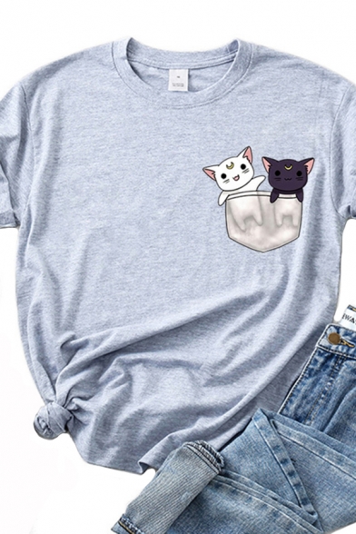 Leisure Pocket Cats Printed Rolled Short Sleeve Crew Neck Slim Fit T-shirt for Ladies