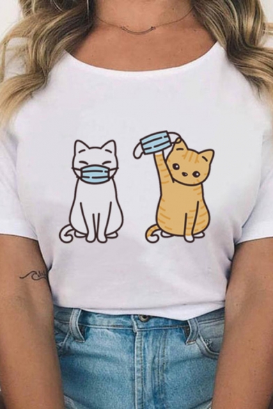 Leisure Womens Cartoon Cat Printed Roll-up Sleeves Crew Neck Slim Fit T Shirt