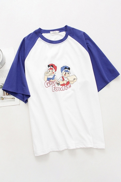 Letter Girl Foodie Cartoon Graphic Raglan Short Sleeve Crew Neck Relaxed Street Tee Top in White