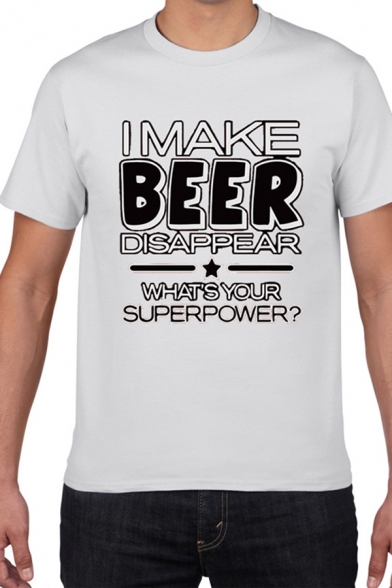 Letter I Make Beer Disappear Print Short Sleeve Crew Neck Casual Loose Tee Top for Guys