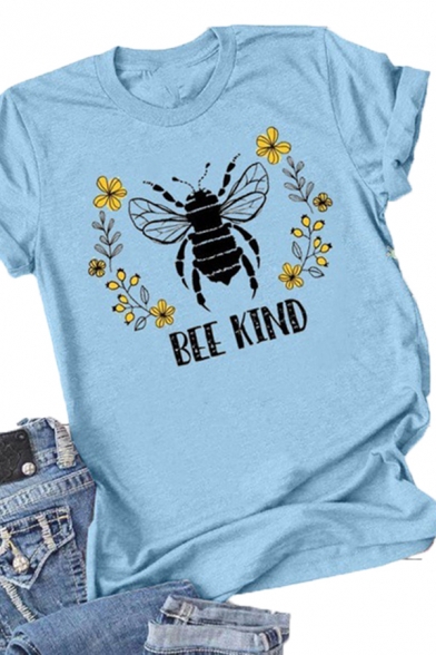 Popular Ladies Letter Bee Kind Cartoon Bee Floral Graphic Rolled Short Sleeve Crew Neck Regular Fit Tee Top