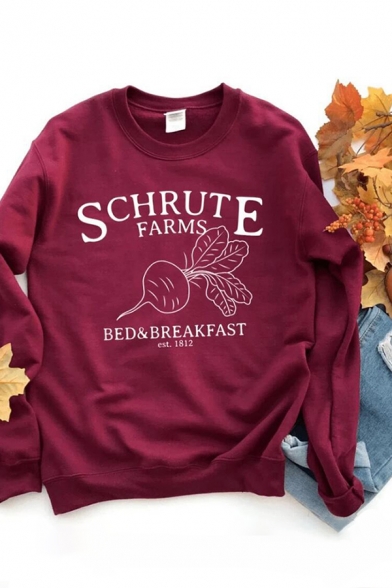 Popular Womens Letter Schrute Farm Graphic Long Sleeve Crew Neck Loose Pullover Sweatshirt