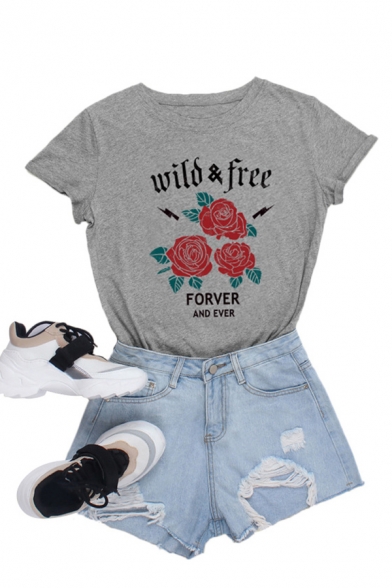 Pretty Ladies Letter Wild Free Floral Graphic Roll up Sleeves Round Neck Fitted Tee