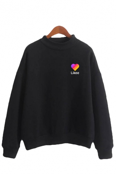 Simple Letter Likee Colorful Heart Graphic Long Sleeve Mock Neck Relaxed Pullover Sweatshirt for Ladies