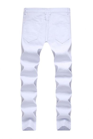 Simple Mens Solid Color Distressed Zipper Pocket Mid Rise Skinny Fitted Full Length Jeans in White