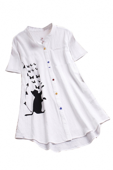 Stylish Womens Butterfly Cat Printed Colorful Button down Chest Pocket Short Sleeve Stand Collar Curved Hem Loose Shirt