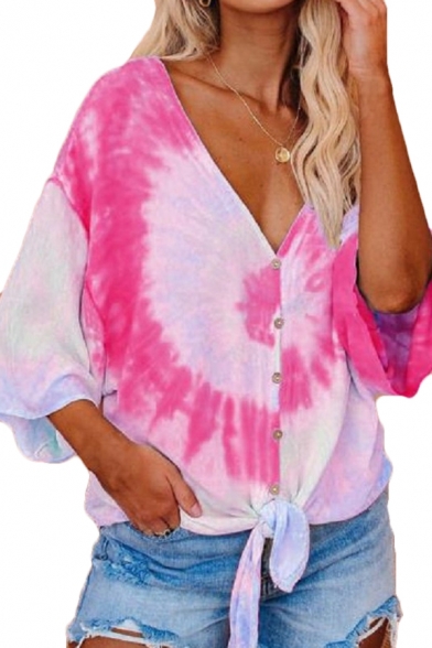 Tie-dye Pattern 3/4 Sleeves V-neck Bow Tie Hem Loose Fit Stylish Shirt Top for Women