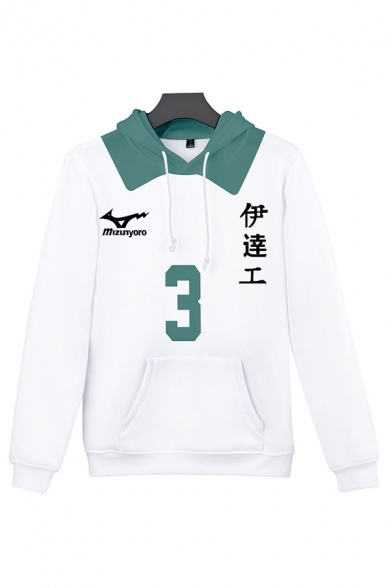 Trendy Mens White Contrasted Letter Number 3D Cosplay Print Long Sleeve Drawstring Kangaroo Pocket Relaxed Hoodie