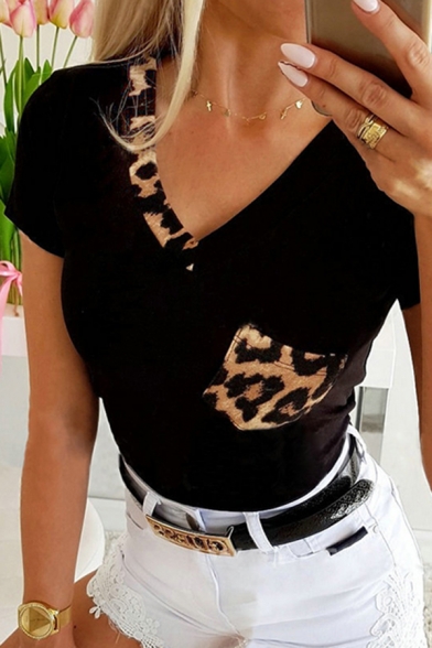 Trendy Womens Leopard Printed Panel Pocket Short Sleeve V-neck Regular Fit T Shirt