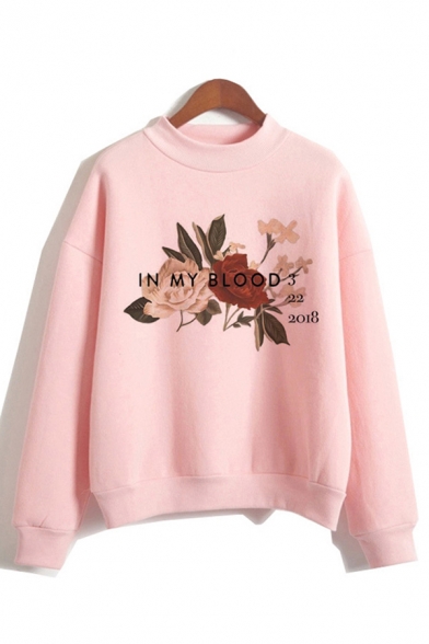 Womens Letter In My Blood Flower Graphic Long Sleeve Mock Neck Loose Fit Pullover Trendy Sweatshirt in Pink