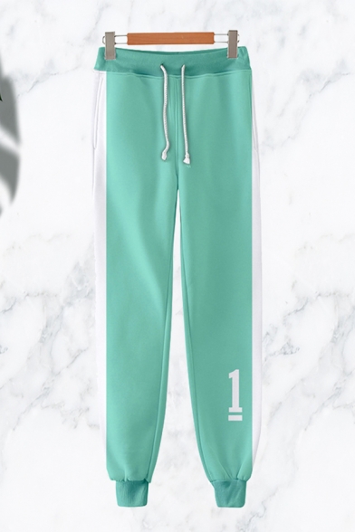 Athletic Boys Green Number Print Contrasted Drawstring Waist Cuffed Ankle Tapered-Fit Sweatpants