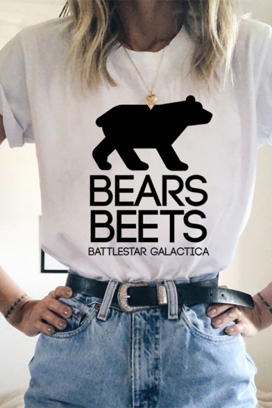 Chic Girls Letter Bears Beets Bear Graphic Rolled Short Sleevce Crew Neck Regular Fitted T-Shirt in White