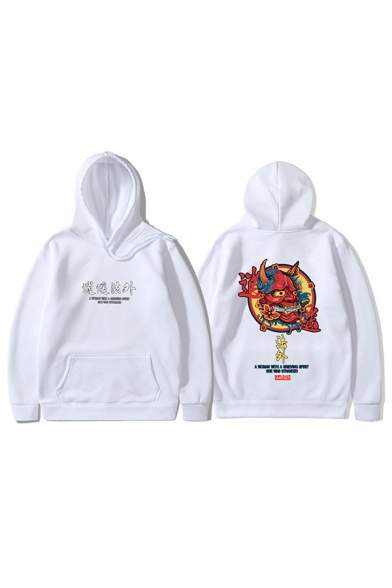 Cool Boys Chinese Letter Monster Graphic Kangaroo Pocket Drawstring Long Sleeve Relaxed Hoodie