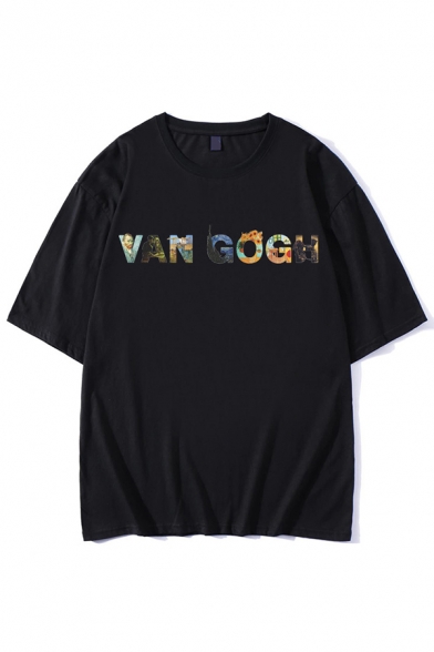 Cool Boys Letter Van Gogh Printed Short Sleeve Crew Neck Loose T Shirt