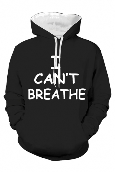Cool Mens Letter I Can't Breathe Printed Long Sleeve Drawstring Loose Fit Black Hoodie with Pocket