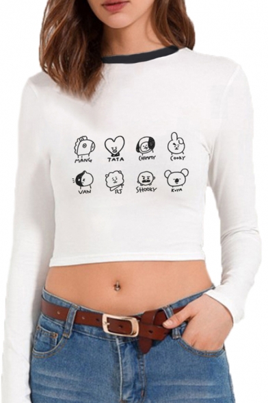 Fashionable Cartoon Printed Long Sleeve Contrasted Round Neck Slim Fitted Cropped White T-shirt for Girls