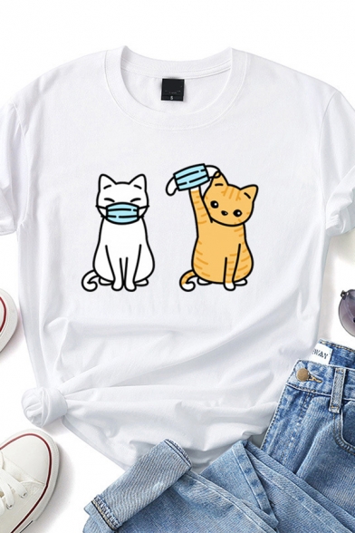 Leisure Womens Cartoon Cat Printed Roll-up Sleeves Crew Neck Slim Fit T Shirt