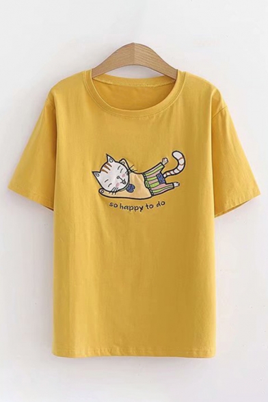 Letter So Happy To Do Cat Embroidered Short Sleeve Crew Neck Loose Fit Popular Tee Top for Women