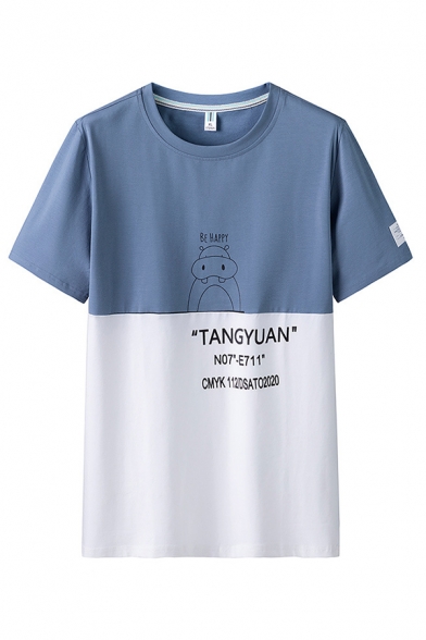Popular Mens Letter Tangyuan Cartoon Graphic Colorblock Short Sleeve Crew Neck Loose Fit T Shirt