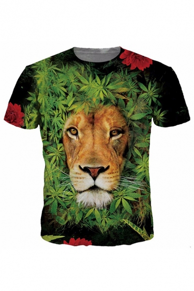 Popular Mens Lion 3D Print Short Sleeve Crew Neck Slim Fit T-shirt in Black in Green