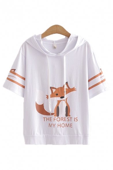Popular Womens Letter The Forest Is My Home Fox Graphic Short Sleeve Hooded Drawstring Loose Fit Tee Top