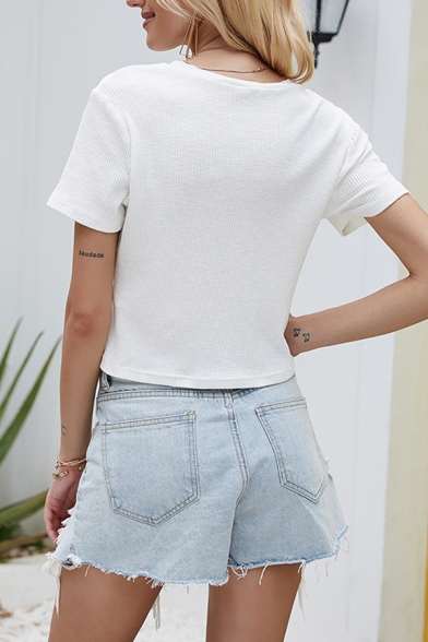 Pretty Girls Solid Color Ruched Short Sleeve Crew Neck Knitted Fitted Crop T Shirt in White