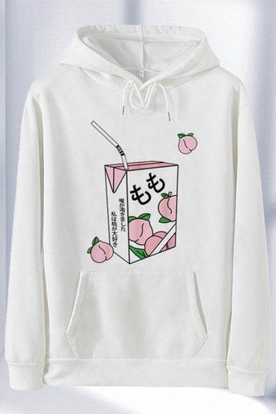 Pretty Womens Japanese Letter Nilk Graphic Long Sleeve Drawstring Pouch Pocket Relaxed Hoodie