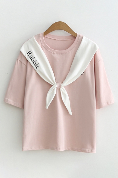 Trendy Letter Rabbit Cartoon Embroidered Bow Tie Front Short Sleeve Round Neck Loose T Shirt for Girls