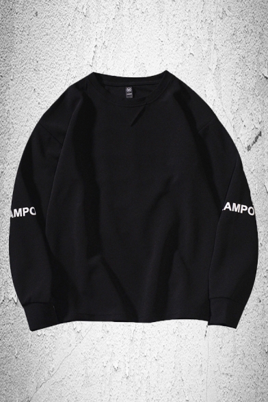 Basic Letter Rampo Long Sleeve Crew Neck Regular Fitted Pullover Sweatshirt for Men