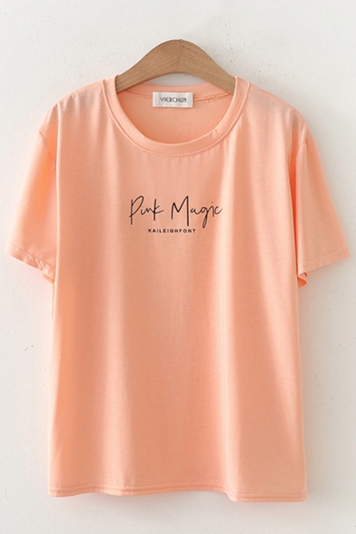 Basic Womens Letter Pink Magic Printed Short Sleeve Round Neck Relaxed Fit T-shirt