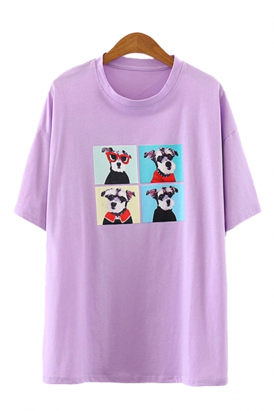 Cartoon Dog Printed Half Sleeves Round Neck Loose Fit Popular Tee Top for Girls