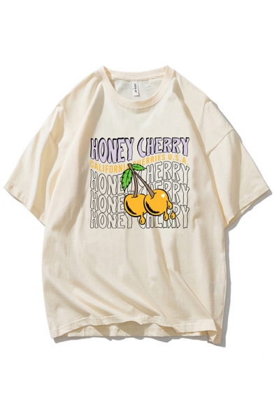 Casual Mens Letter Honey Cherry Graphic Short Sleeve Crew Neck Oversize Tee Top