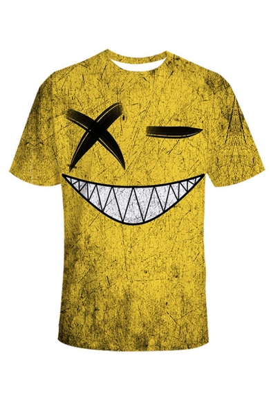 Chic Cartoon Face Pattern Short Sleeve Crew Neck Slim Fit T Shirt in Yellow