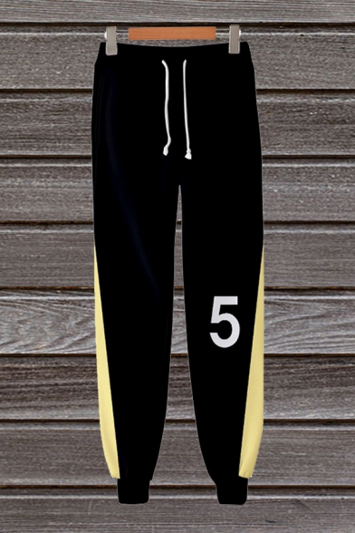 Cool Guys Number Print Drawstring Waist Contrasted Ankle Length Cuffed Relaxed Fit Sweatpants in Black