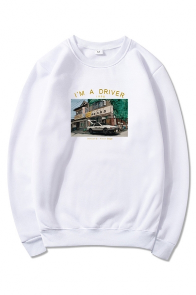 Cool Mens Car house Chinese Letter Pattern Letter Im a Driver 1998 Printed Long Sleeve Round Neck Regular Fitted Graphic Pullover Sweatshirt