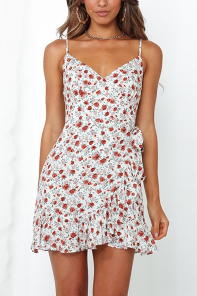 Fancy Girls All over Floral Printed Spaghetti Straps Bow Tie Waist Ruffled Short Wrap Cami Dress in White