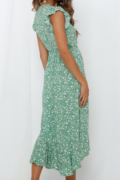 Fashionable Ladies Ditsy Floral Printed Sleeveless V-neck Ruffled Bow Tie Waist Midi Wrap Boho Dress in Green