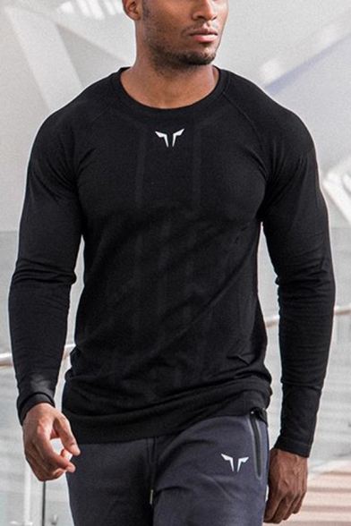Gym Quick-dry Long Sleeve Crew Neck Logo Print Slim Fit T-shirt for Guys
