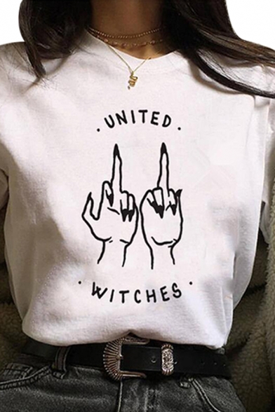 Korean Style Letter United Witches Gestures Graphic Short Sleeve Crew Neck Loose White Tee for Women
