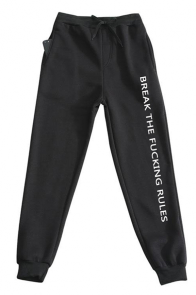 Letter Break The Fucking Rules Print Drawstring Waist Ankle Cuffed Carrot-fit Casual Sweatpants for Men