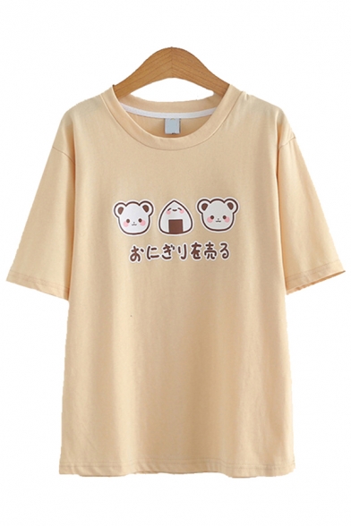 Lovely Girls Japanese Letter Cartoon Bear Graphic Short Sleeve Round Neck Loose T Shirt